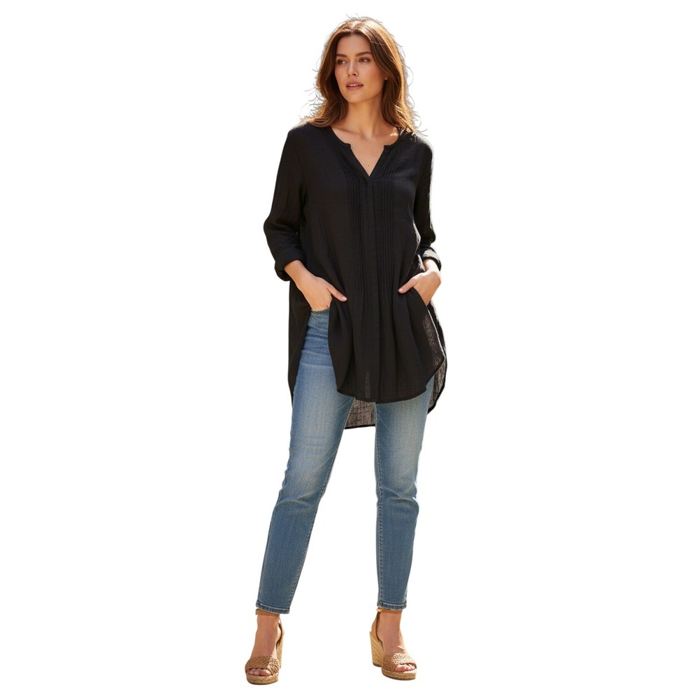 Velvet by Graham & Spencer Black Viscose Pintuck Split Neck Tunic Blouse Size S